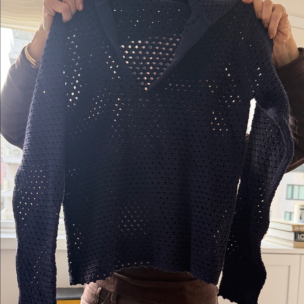 Navy Crochet Knit V-Neck Sweater
